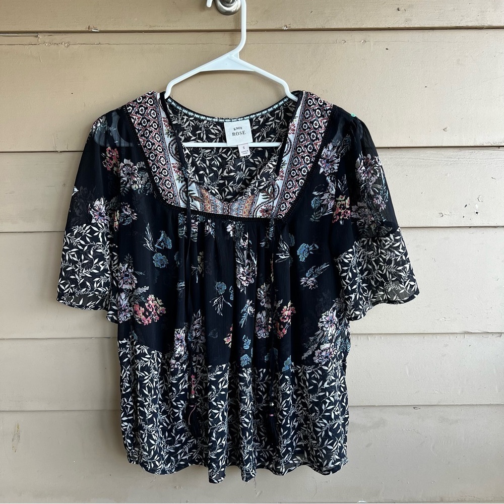 Knox Rose Black Boho Floral Print Sheer Blouse - Women's Size Small